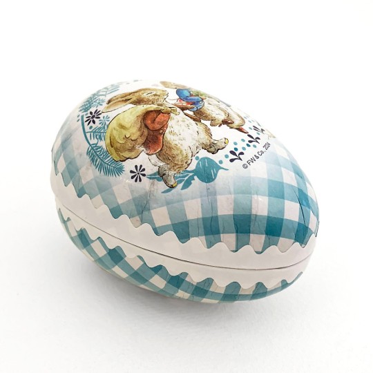 3-1/2" Peter Rabbit and Friend Blue Gingham Papier Mache Easter Egg Container ~ Germany